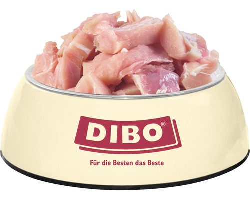 Gamelle pour chien remplie de viande de poulet crue, Logo Dibo