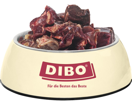 Gamelle remplie de viande crue pour chiens, logo Dibo
