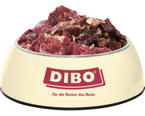 Logo Dibo sur gamelle remplie de viande crue