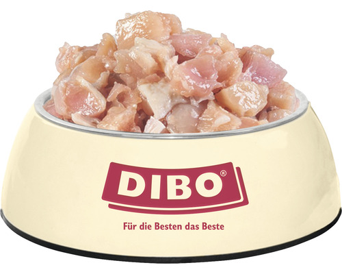 Hundenahrung mit Hühnchenwürfeln in einem Napf mit dem Dibo Logo