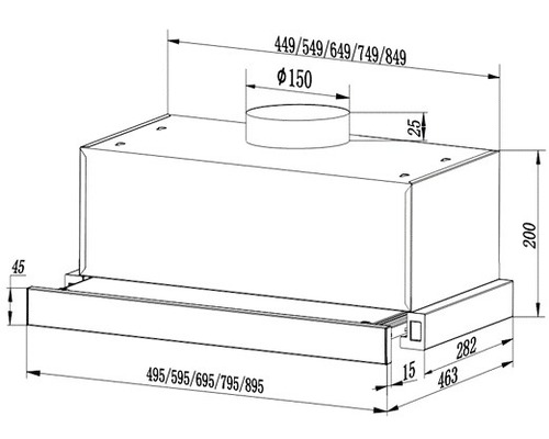 Technische Zeichnung einer Dunstabzugshaube mit Maßangaben