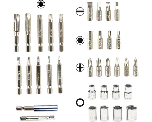 Différents embouts de tournevis et douilles.