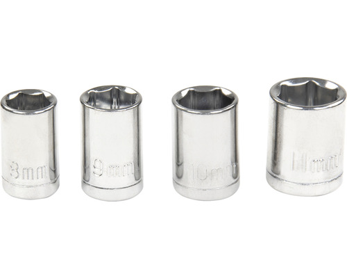 Quatre douilles en métal de tailles 8 mm, 9 mm, 10 mm et 11 mm