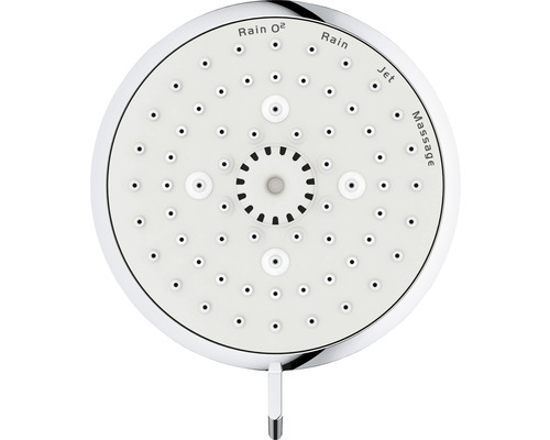 Duschkopf mit verschiedenen Strahlarten: Rain O2, Rain, Jet und Massage