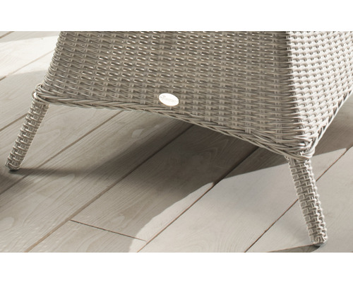 Detailansicht eines Korbsessels mit Flechtmuster und den Füßen auf einem Holzboden