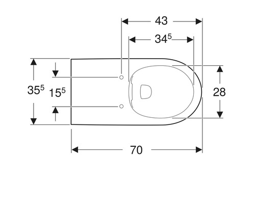 Technische Zeichnung einer Toilette mit Maßangaben