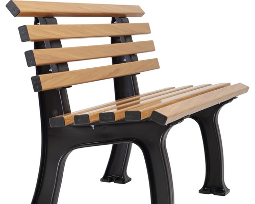 Banc de jardin avec lattes en bois sur un cadre métallique noir