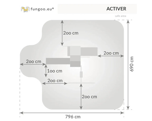 Plan du terrain de jeux Activer mesurant 796 sur 690 centimètres.