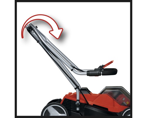 Timon pliable d''une tondeuse à gazon avec flèche rouge