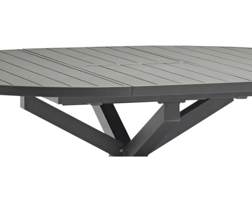 Vue détaillée d''une table de jardin avec plateau et pieds de table en métal