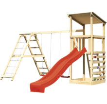Spielturm aus Holz mit Rutsche, Schaukel und Kletterwand für den Garten