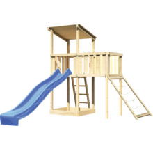 Holzspielturm mit blauer Rutsche, Leiter und Kletternetz für den Garten