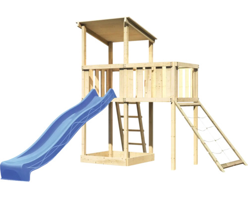 Tour de jeux en bois avec toboggan bleu, échelle et filet d''escalade pour le jardin