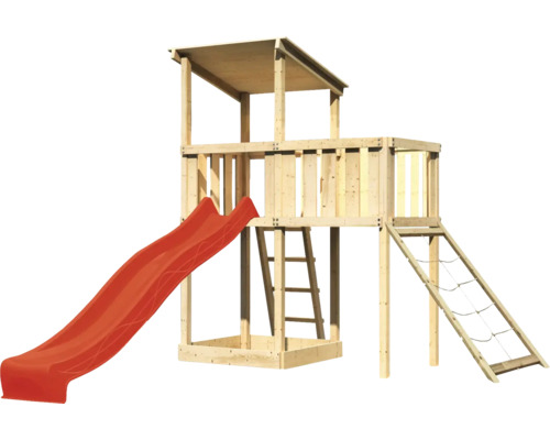 Tour de jeux en bois avec toboggan, échelle et filet d''escalade