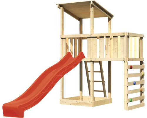 Tour de jeux en bois avec toboggan, échelle et mur d''escalade