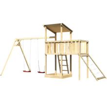 Spielturm mit Schaukel, Leiter und Kletternetz aus Holz