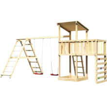 Spielturm aus Holz mit Schaukel und Kletterwand für den Garten