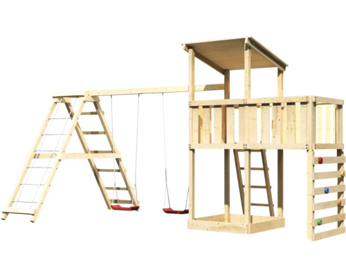 Spielturm aus Holz mit Schaukel und Kletterwand für den Garten