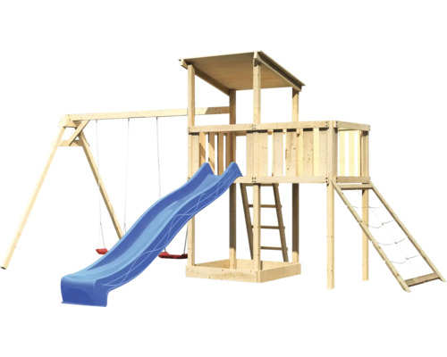 Tour de jeux avec balançoire et toboggan en bois