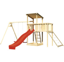 Holzspielturm mit Schaukel, Rutsche und Kletternetz für den Garten