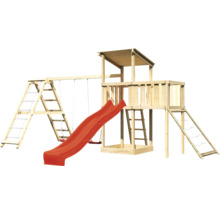 Spielplatz aus Holz mit Schaukel, Rutsche und Klettergerüst