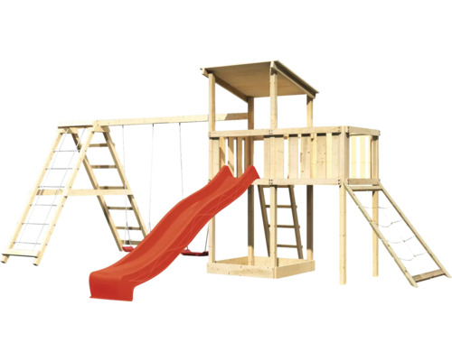 Aire de jeux en bois avec balançoire, toboggan et structure d''escalade