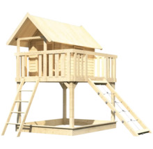 Spielhaus aus Holz mit Sandkasten, Kletterwand und Leiter