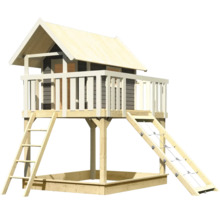 Maisonnette en bois avec bac à sable, échelle et rampe d''escalade