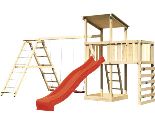 Spielturm aus Holz mit Schaukel, Rutsche und Kletterwand