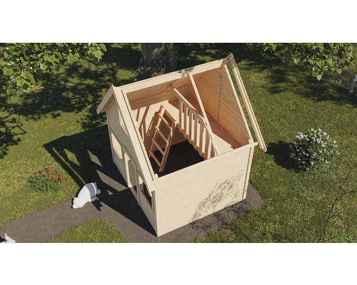 Vue du toit d''une cabane de jeux en bois avec échelle dans le jardin