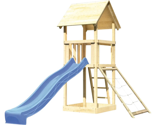 Tour de jeux en bois avec toboggan et mur d''escalade
