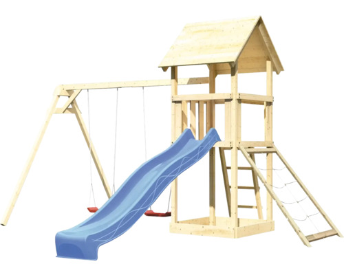 Holzspillturm mat Schaukel a Rutsch fir dobaussen