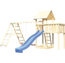Tour de jeu avec balançoire, toboggan et échelle en bois