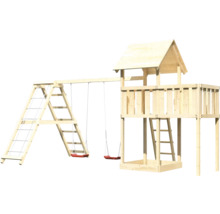 Tour de jeu en bois avec balançoire et mur d''escalade