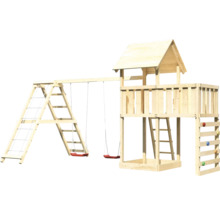 Tour de jeu en bois avec balançoire, mur d''escalade et échelle