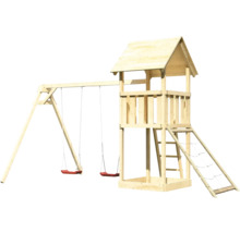 Aire de jeux avec balançoire et tour en bois