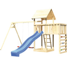 Aire de jeux avec toboggan, balançoire et mur d''escalade en bois