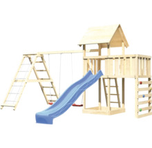 Aire de jeux avec balançoire, toboggan et mur d''escalade en bois