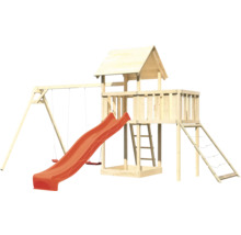 Tour de jeu en bois avec toboggan et balançoire
