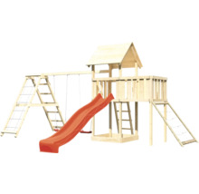 Tour de jeux en bois avec balançoire, toboggan et mur d''escalade