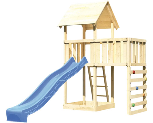 Maisonnette en bois avec toboggan, échelle et mur d''escalade