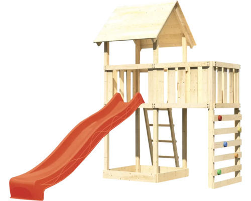 Tour de jeu avec toboggan, échelle et mur d''escalade en bois