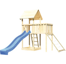 Spielturm aus Holz mit Rutsche und Kletternetz