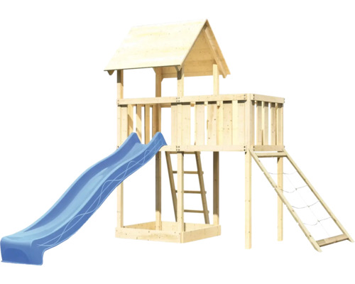 Tour de jeux en bois avec toboggan et filet d''escalade