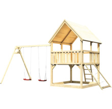 Holzspielhaus mit Schaukel und Kletterleiter