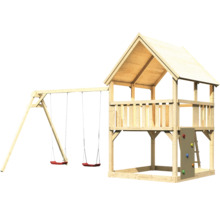 Spielturm mit Schaukel und Kletterwand aus Holz