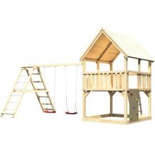 Spielturm mit Schaukel, Kletterwand und Strickleiter aus Holz