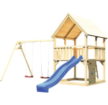 Holzspielplatz mit Schaukel, Rutsche und Kletterwand