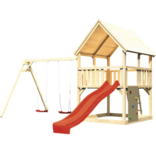 Spielturm aus Holz mit Schaukel und Rutsche