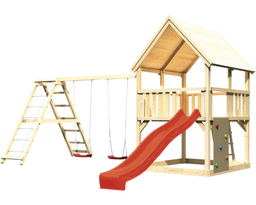 Tour de jeux en bois avec toboggan, balançoire et mur d''escalade